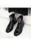 Black Crinkled Patent Leather Stoned Boots - 3