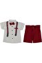 Boy's White Patterned Shirt and Red Shorts Bow Tie Strap Suit
