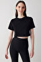 Black Short Sleeve Crop T-Shirt with Stitching Detail