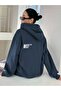 Women's Navy Blue Cherıh Time Printed Oversize Hoodie Sweatshirt
