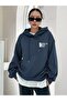 Women's Navy Blue Cherıh Time Printed Oversize Hoodie Sweatshirt - 2