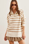 Women's Ecru Camel Zippered High Collar Striped Oversize Knitwear Sweater Kzk-19000847
