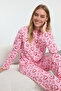 Pembe-Çok Renkli %100 Pamuklu Kalpli Biye Detaylı Örme Pijama Takımı THMAW25PT00191 - 3
