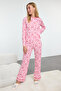 Pembe-Çok Renkli %100 Pamuklu Kalpli Biye Detaylı Örme Pijama Takımı THMAW25PT00191 - 2