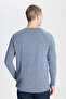 Men's Indigo-ecru Standard Fit Regular Cut Crew Neck Cotton Muline Patterned Knitwear Sweater - 5