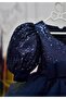 Navy Blue Sequined Fluffy Dress - Girl, Short Balloon Sleeve - 5
