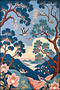 Paris Collection Pastel Themed Mountain Trees Bird and Flower Patterned Modern Decorative Carpet 65 - 4