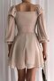 Oyuncakstore Special Design Leather Corseted U-Neck Three Quarter Chiffon Dress Imported - 3