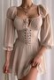Oyuncakstore Special Design Leather Corseted U-Neck Three Quarter Chiffon Dress Imported