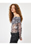 Transparent Bluz Open Shoulder Madonna Collar Long Sleeve Floral Patterned