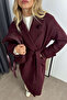 Burgundy Double Breasted Lined Belted Buttoned Oversize Wool Coat - 4