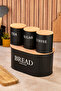 Set of 4 Metal Bread Boxes with Wooden Lids, Tea, Coffee, Sugar Organizer Black - 4