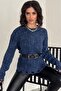 Women's Navy Blue Standard Size Low Shoulder Ripped Knitwear Sweater - 3