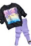 Girl's Palm and Text Printed Sweater Ribbed Purple Tights Set - 4