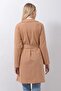 Women's Two Thread Knitted Buttonless Belted Camel Trench Coat Jacket - 3