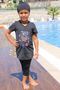 1709-1 Printed Short Sleeve Children's Pool Swimsuit-Black-Black - 4