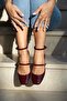 Short Heeled Blunt Toe Closed Back Belted Shoes Claret Red Patent Leather - 4