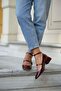 Short Heeled Blunt Toe Closed Back Belted Shoes Claret Red Patent Leather - 3