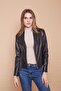 Ecological Faux Leather V-Neck Long Sleeve Zipper Blazer Jacket-Black - 4