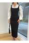 Thick Strap Azimute Women's Black Pencil Jeans Dress with Zipper on the Back and Slits 24k000165