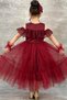 Girl's Burgundy Evening Dress with Transparent Collar, Open Shoulders, and Guipure Embroidery on the Chest and Sleeves - 4
