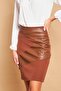 Leather Detailed High Waist Lightweight Lycra Fabric Pencil Skirt - Tan - 3