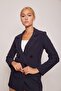 Women's Button Detailed Long Sleeve Stylish Office Ornamental Pocket Flap Fabric Blazer Jacket-Navy Blue - 3