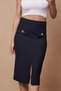 Women's High Waist Pocket Flap Front Slit Light Stretch Fabric Below the Knee Pencil Skirt - Navy Blue - 6