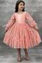 Girl's Salmon Evening Dress with Transparent Sleeves, Pearl Beaded Neck and Ruffled Hem
