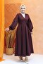 Rose Detailed Balloon Sleeve Hijab Dress-Bordo - 3