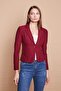 Collared Flato Pocketed Long Sleeve Cotton Fabric Short Blazer Office Jacket - Burgundy - 2