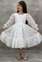 Girl's White Evening Dress with Transparent Sleeves, Pearl Beaded Neck and Ruffled Hem