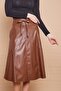 Ecological Faux Leather High Waist Pocketed Long Below-Knee Skirt-Taba - 4