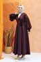 Rose Detailed Balloon Sleeve Hijab Dress-Bordo - 2