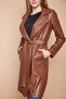 Belted Ecological Faux Leather Long Below Knee Sports Jacket Trench Coat-Tan - 6