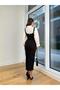 Thick Strap Azimute Women's Black Pencil Jeans Dress with Zipper on the Back and Slits 24k000165 - 3