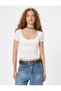 Basic Tişört U Yaka Slim Fit Kısa Kollu Drapeli - 3