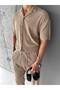 Men's oversize ribbed cuban collar shirt beige - 3