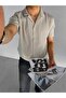 Men's Long Fit Seersucker Fabric Flexible Cuban Collar Shirt Beige