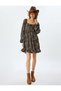Balloon Sleeve Dress Mini Ethnic Patterned Flounce Lace up Square Neck - 3