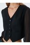 Long Tulle Sleeve V-Neck Buttoned Pocket Crop Vest - 5