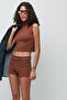 Ribbed Turtleneck Sleeveless T-Shirt Shorts Set 9134 Brown