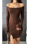 Women's Boat Neck Slit Long Sleeve Mini Dress Brown - 3