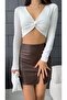 Women's V-Neck Front Drape Detailed Long Sleeve Super Crop Blouse White - 3