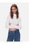 Thin Ribbed High Collar Cropped White Sweatshirt - 2