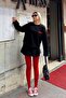 Black 3 Heart Printed Piş Stitching Women's Crop Sweatshirt - 2