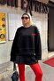 Black 3 Heart Printed Piş Stitching Women's Crop Sweatshirt - 3