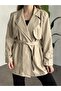 Women's Beige Medium Length Belted Leather Trench Coat 2377 - 4
