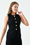 Stretchy Knitwear Fabric Buttoned Sleeveless Vest and High Waist Midi Length Skirt Black Two-Piece Knitwear Set 5155 - 2