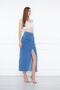 Blue High Waist Cotton Denim Skirt with Deep Front Slit and Tassel Pockets - 3